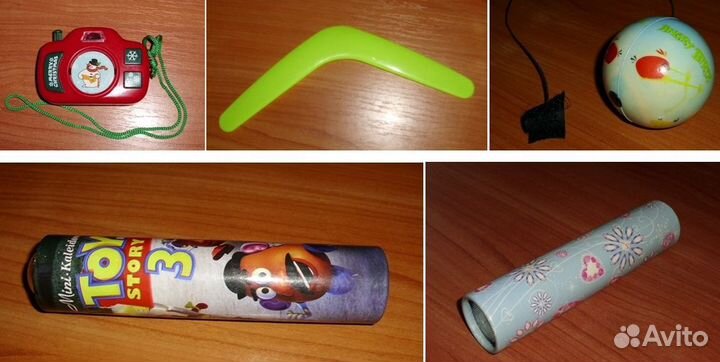 Фотоаппарат, калейдоскоп 2 шт, мяч, бумеранг