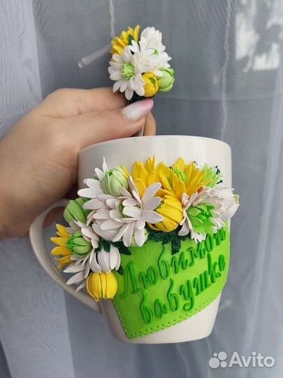 Кружка с декором из полимерной глины,ручная работа