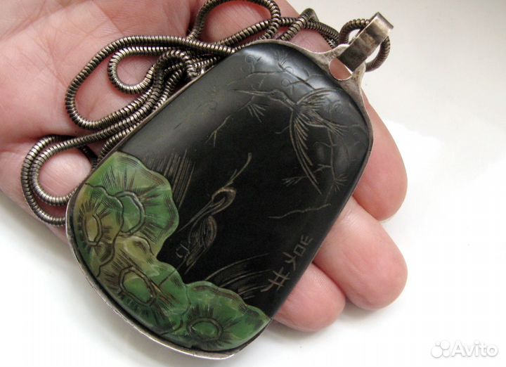 Япония Антикварный Резной Кулон Цапли и Кувшинки