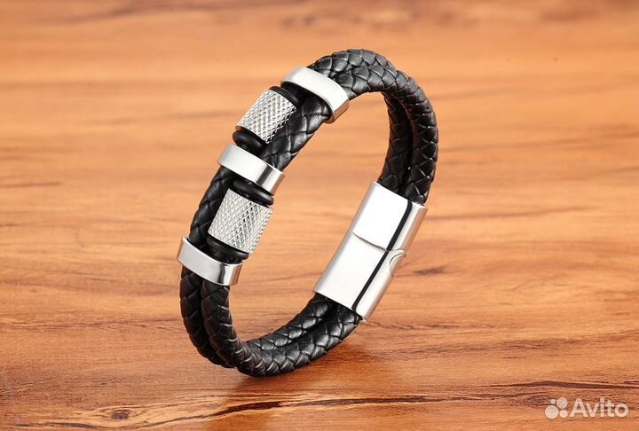 Браслет кожаный плетеный мужской стальной L42
