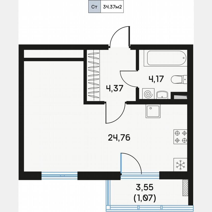 Квартира-студия, 34,7 м², 3/9 эт.