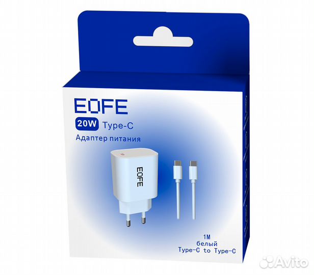 Зарядное устройство Eofe EC01, USB-C, 20 Вт, 3A, белое + кабель USB-C 1 м