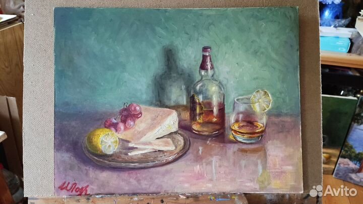Картина маслом Натюрморт с виски и сыром