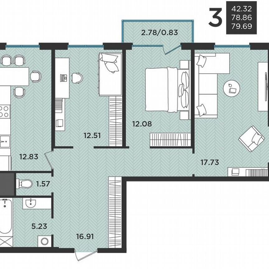 3-к. квартира, 80 м², 3/3 эт.