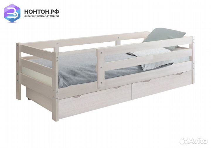 Кровать Норка с ящиками и бортиком выбеленная бере