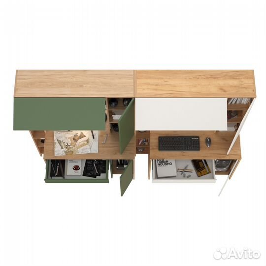 Два больших компьютерных стола Mobi Комфорт 12.71 цвет гикори/дым.зелёный/дуб зол/белый