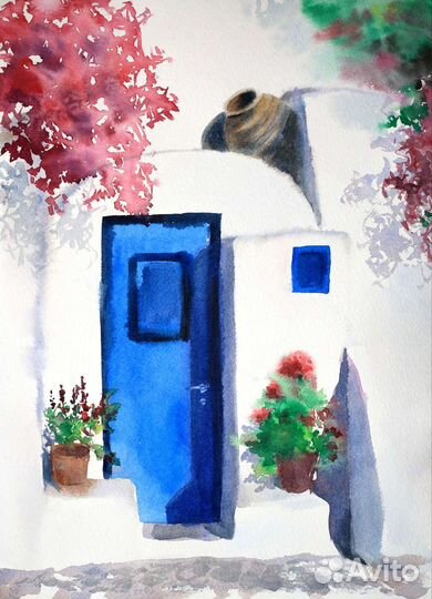 Картина акварелью. Домик в Греции
