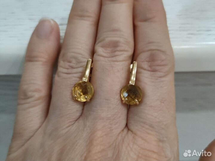 Золотые серьги, вставки цитрин. 585подвеска под-к