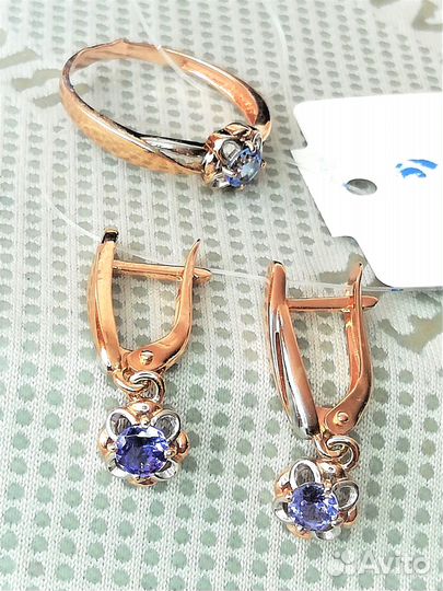 Серьги, кольцо серебро танзанит разм.17,5 С144