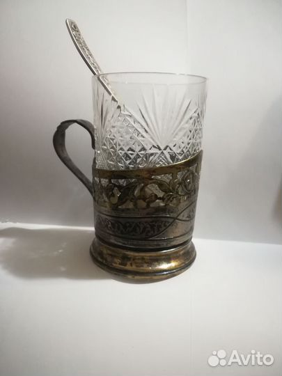 Подстаканник с стаканом и серебренной ложкой СССР
