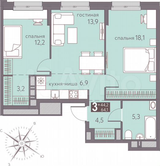 3-к. квартира, 64,1 м², 11/16 эт.