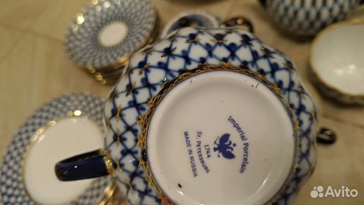 Сервиз чайный кобальтовая сетка ф. тюльпан золото