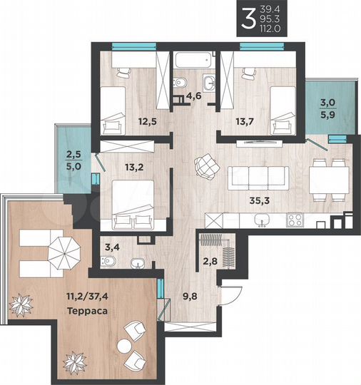 3-к. квартира, 112 м², 8/9 эт.