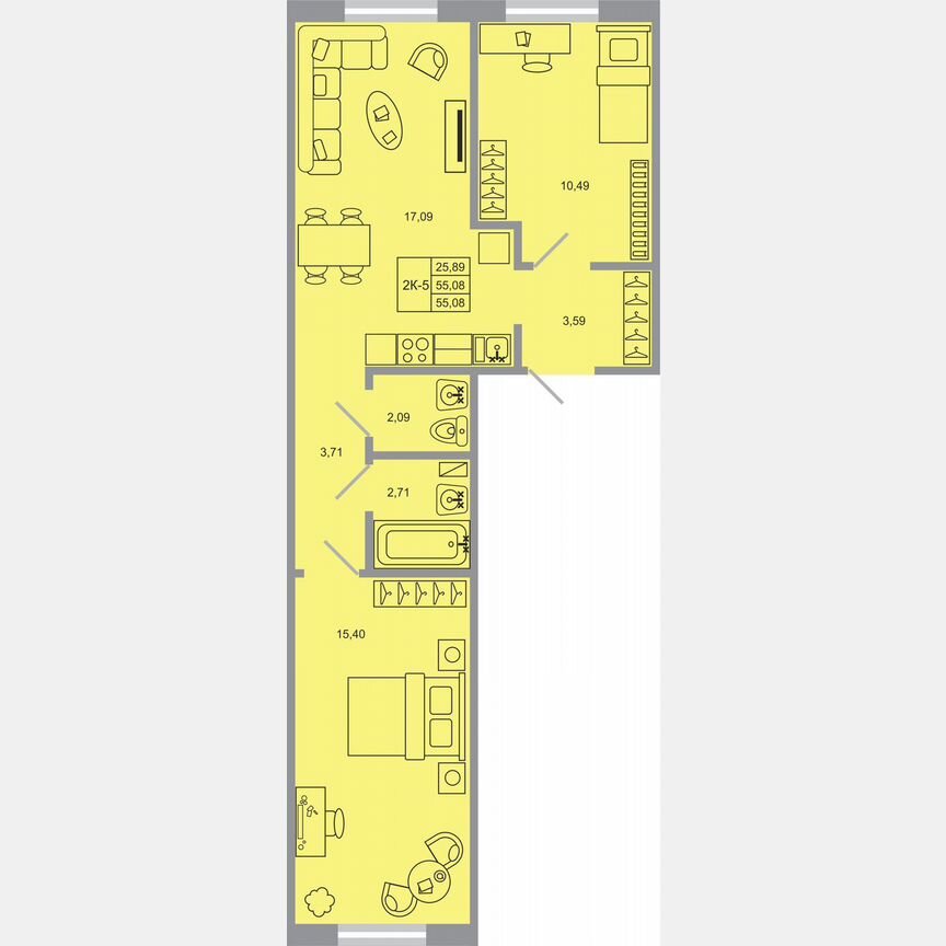 2-к. квартира, 55,1 м², 5/17 эт.