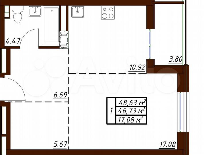 1-к. квартира, 48,6 м², 3/19 эт.