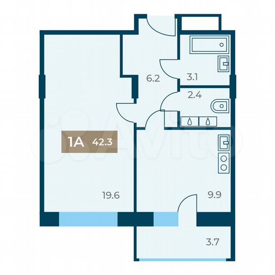 1-к. квартира, 42,3 м², 2/12 эт.