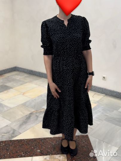 Летнне длинное черное платье макси в горошек M