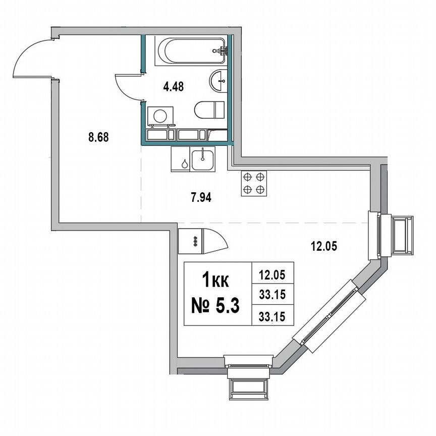 Квартира-студия, 33,2 м², 5/7 эт.