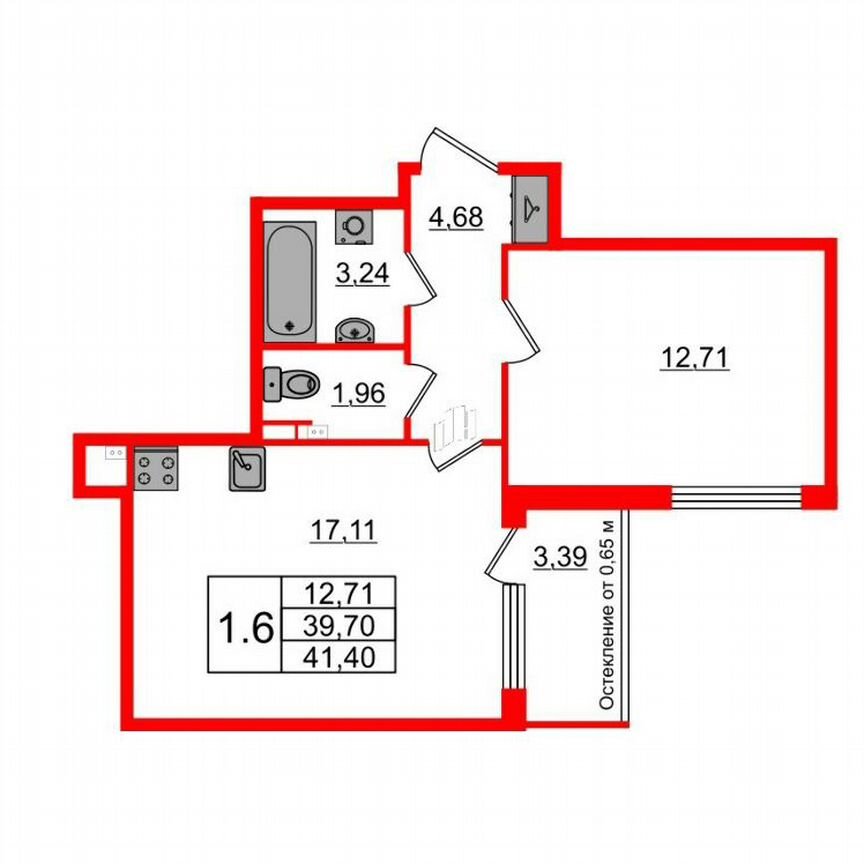 1-к. квартира, 39,7 м², 2/4 эт.