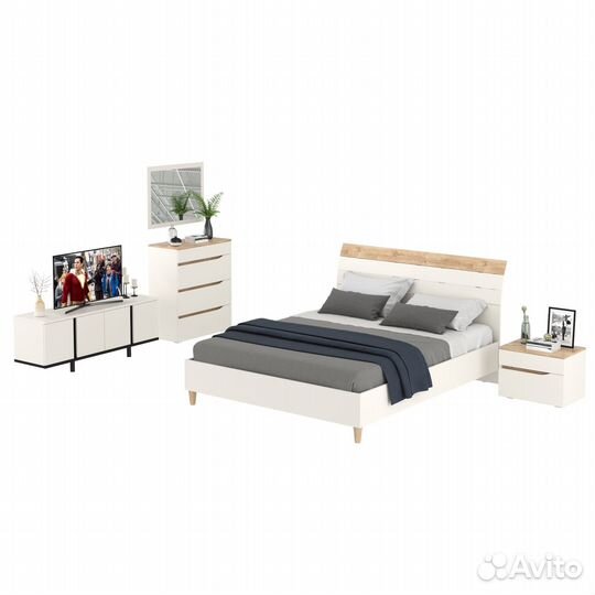 Спальный гарнитур белый Муссон с кроватью 1600 и тв-тумбой 13.276 белый/чёрный/дуб эндгрейн элегантн
