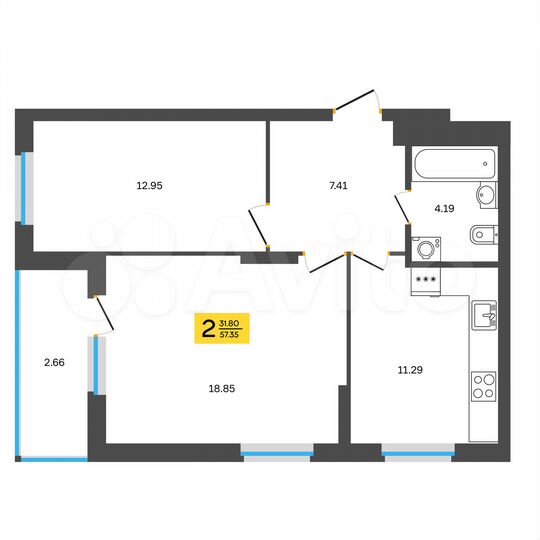 2-к. квартира, 57,4 м², 15/18 эт.