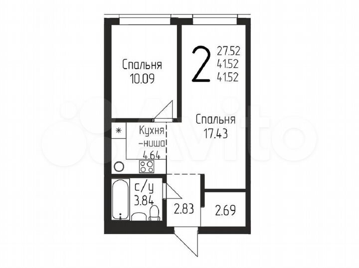 2-к. квартира, 41,5 м², 4/19 эт.