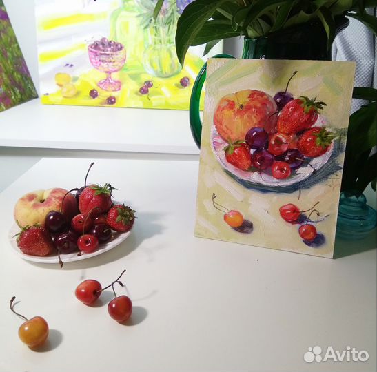 Картина натюрморт маслом миниатюра в рамке