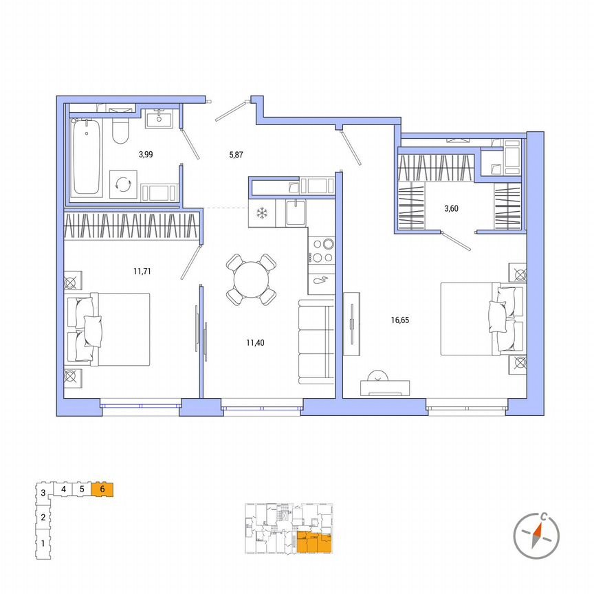 2-к. квартира, 53,2 м², 1/7 эт.