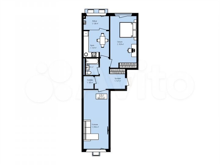1-к. квартира, 68,8 м², 5/5 эт.