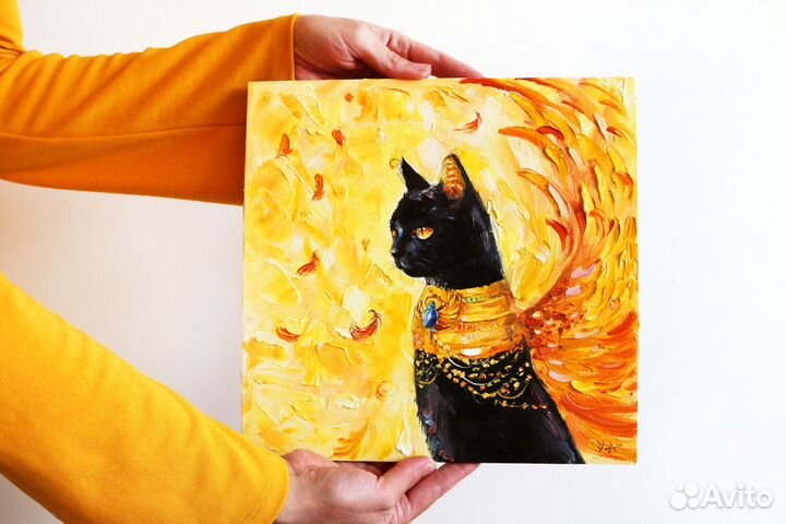 Картина маслом черная кошка Бастет