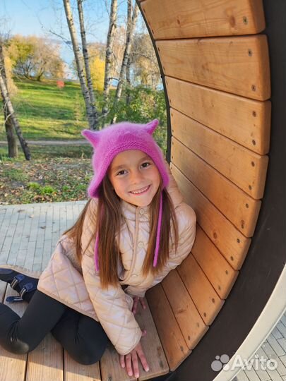 Чепчик вязаный с ушками рожками из пуха норки