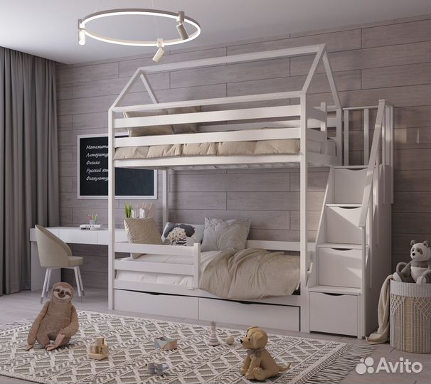 Кровать двухъярусная детская +с лестницей