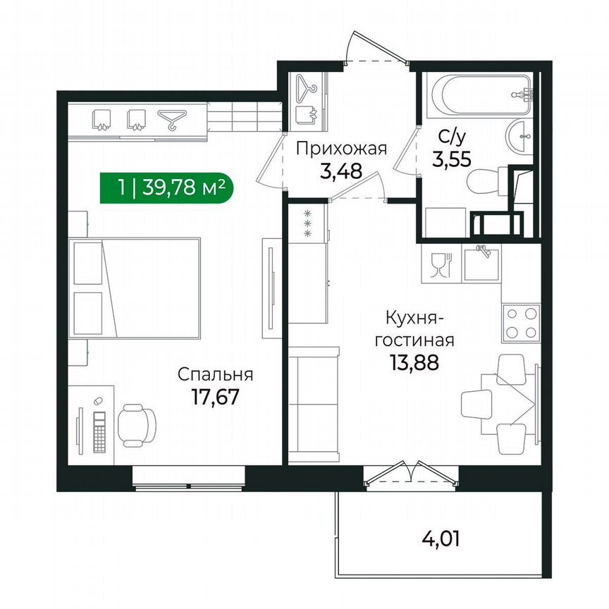 1-к. квартира, 39,8 м², 7/8 эт.