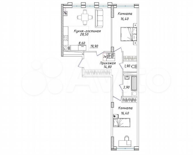 3-к. квартира, 81,9 м², 2/8 эт.