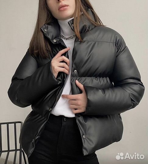 Куртка кожаная пуховик эко кожа черная
