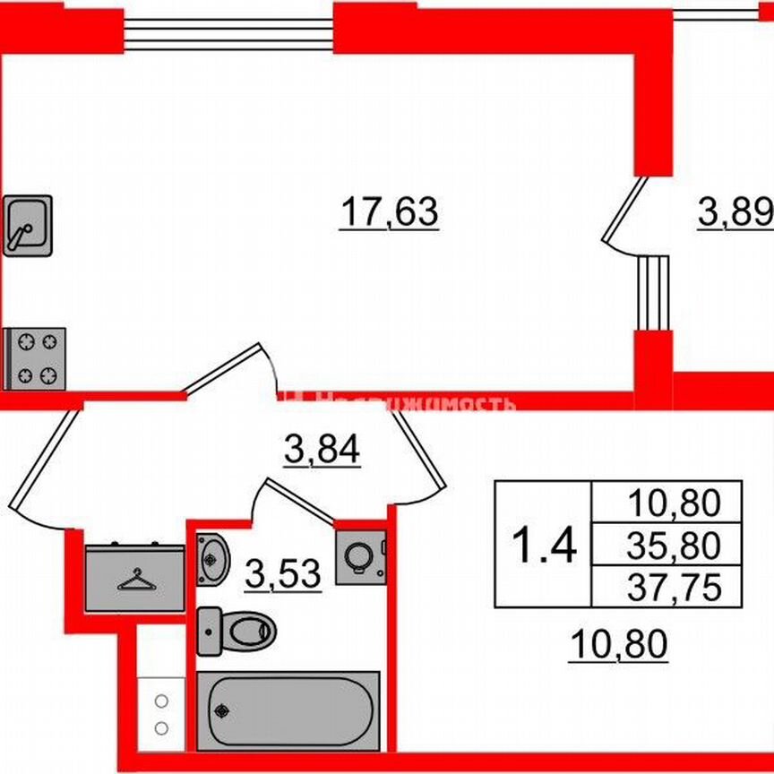 1-к. квартира, 35,8 м², 9/12 эт.