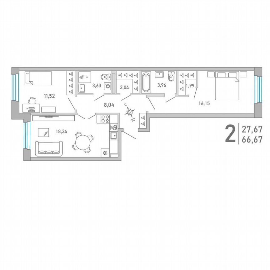 2-к. квартира, 66,7 м², 2/10 эт.