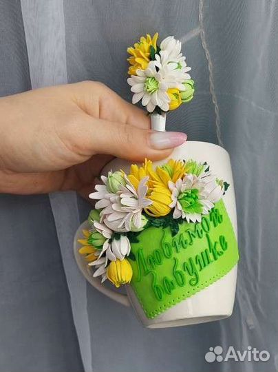 Кружка с декором из полимерной глины,ручная работа