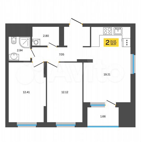 2-к. квартира, 58,3 м², 10/18 эт.