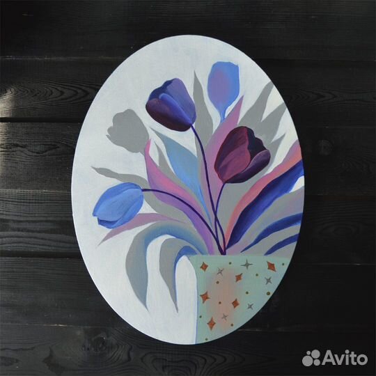Авторская овальная картина. Натюрморт. Цветы