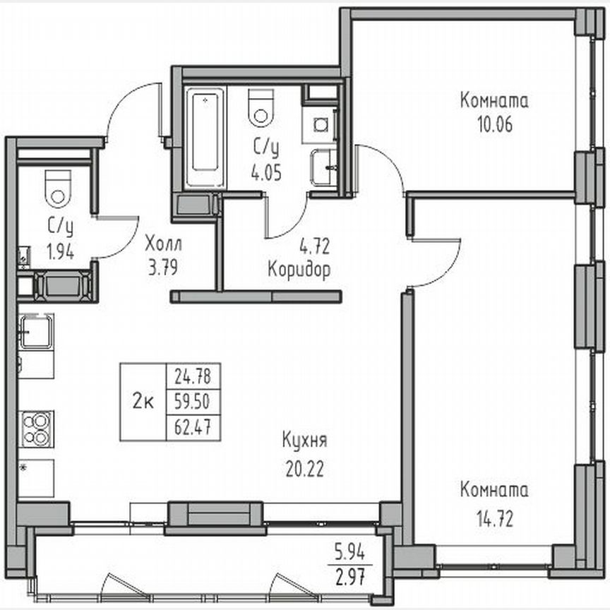 2-к. квартира, 62,5 м², 20/23 эт.