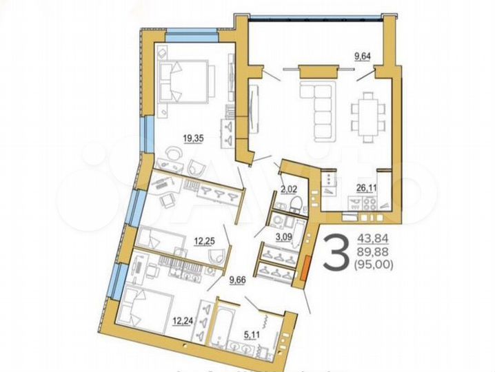 3-к. квартира, 95 м², 2/9 эт.