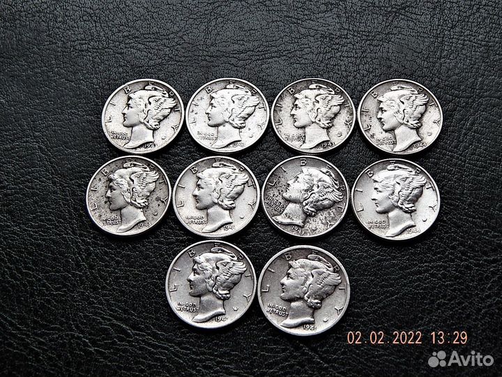 Даймы США-10 цент 1941-1944 серебро