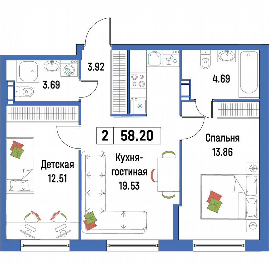 2-к. квартира, 58,2 м², 4/16 эт.
