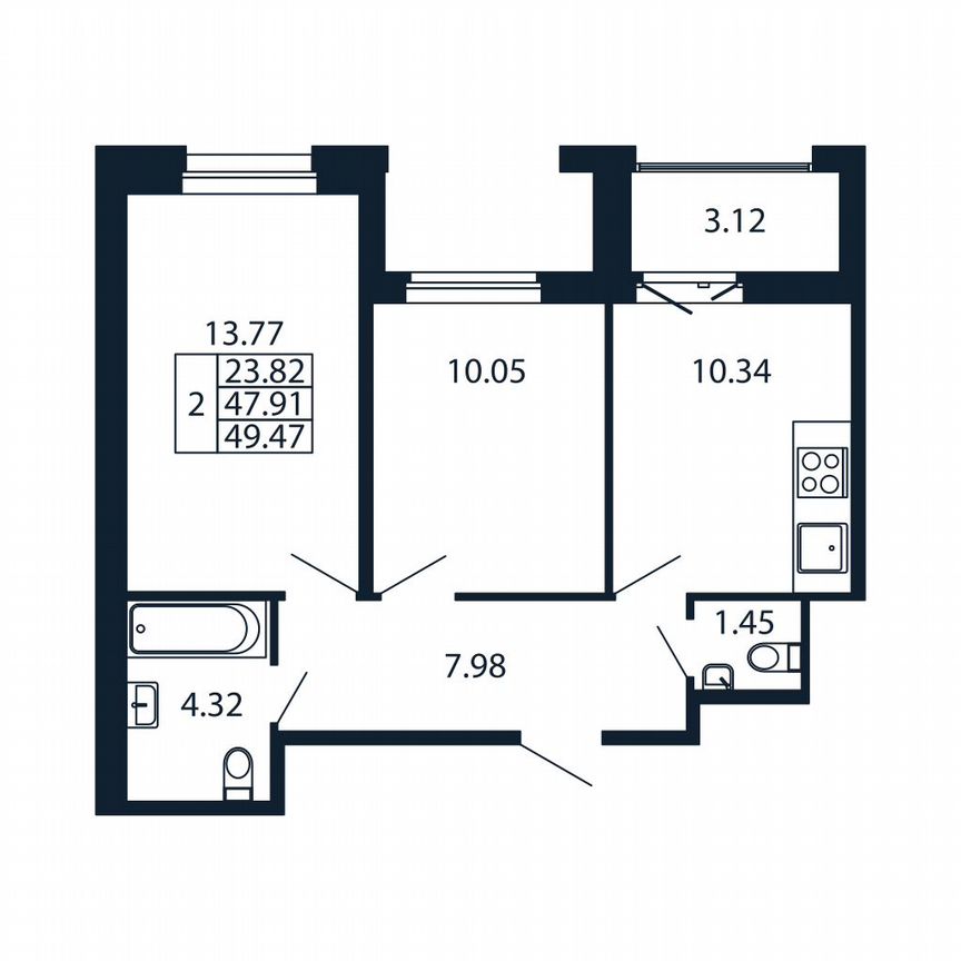 2-к. квартира, 49,5 м², 12/12 эт.