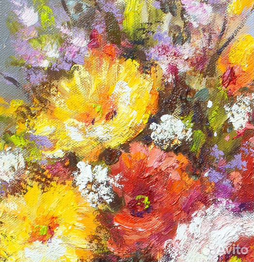 Букет цветов в вазе картина маслом на холсте 27х41