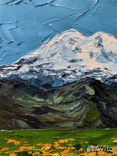 Картина маслом холст Эльбрус полевые цветы горы
