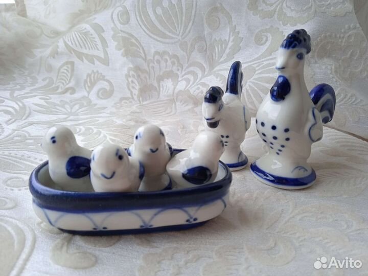 Гжель СССР фигурки курочка петух цыплята