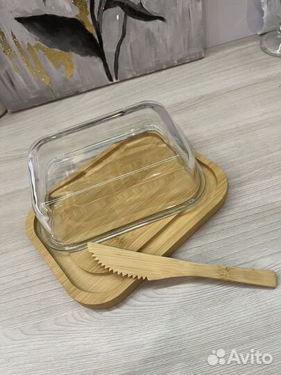 Масленка стеклянная крышка+ бамбук,370 мл