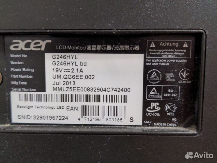 Монитор acer G246HYL